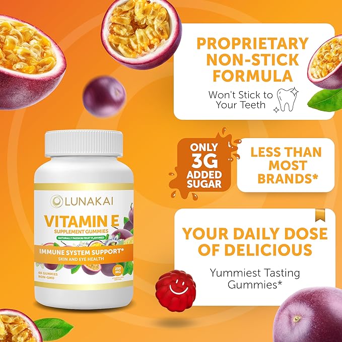Vitamin E Gummies with Vitamin C - Tastiest Proprietary Formula - 250mg (400IU) Vit E - Antioxidant, Skin & Eye Health Support, Non-GMO, Vegan Vitamin E Supplement - Natural Vitamina E Gummy - 12 Pack