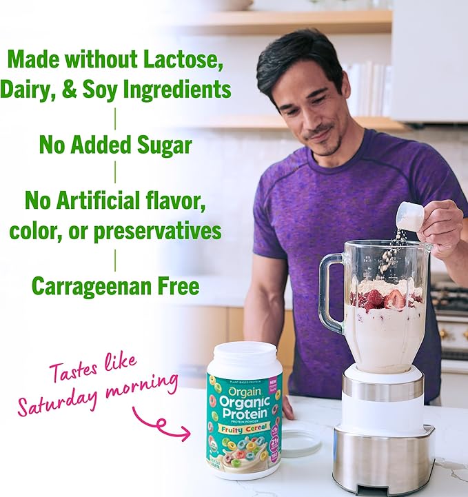 Orgain Organic Vegan Protein Powder, Fruity Cereal - 21g Plant Based Protein, 8g Prebiotic Fiber, Low Net Carb, No Lactose Ingredients, No Added Sugar, Non-GMO, For Shakes & Smoothies, 2.03 lb