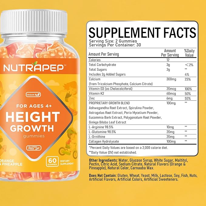 Teens Height Growth Supplement Gummies - Kids Grow Taller Natural Height Increaser Multivitamin - with Calcium Vitamin D3 K2 Zinc L-Arginine L-Glutamine L-Ornithine for Boys Girls