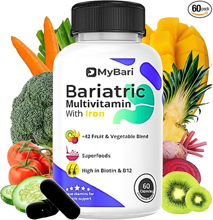 All-in-One Bariatric Multivitamin with Iron - Made in USA - for Men & Women - Supports Gastric Sleeve & Bypass with 42+ Fruit & Veggie Blend - 60 Liquid Capsules