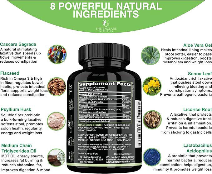 THE ENCLARE NUTRITION Colon Cleanse Fast-Acting Detox; Healthy Bowel Movement, Laxatives for Constipation Relief, Bloating, Probiotic, Fiber, Supports Regularity, Energy, Gut Immunity,Diet Pills (2)