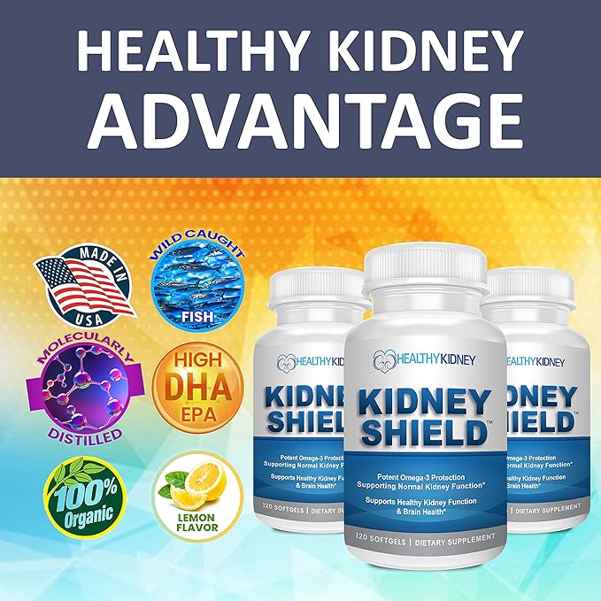 Kidney Shield Omega 3 Fish Oil Supplements - DHA EPA Omega 3 Supplement for Women & Men Kidney Health - Omega3 to Support Normal Kidney Function & Kidney Cleanse Detox & Repair - 120 Lemon Softgels