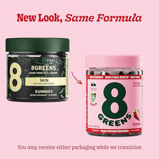 8Greens Supergreens Beauty Gummies with Collagen & Biotin | Super Greens Powder Superfood Gummy for Healthy Skin, Hair, Nails, Glow, and Firmness, Superfood Booster, Strawberry Flavored, 300 Count