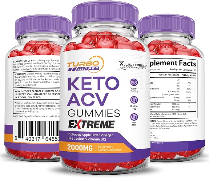 (2 Pack) Turbo Ripped Keto ACV Gummies Extreme 2000MG Turbo Ripped Keto Gummies Apple Cider Vinegar Formulated with Pomegranate Beet Juice Powder B12 Vegan Non GMO 120 Gummys