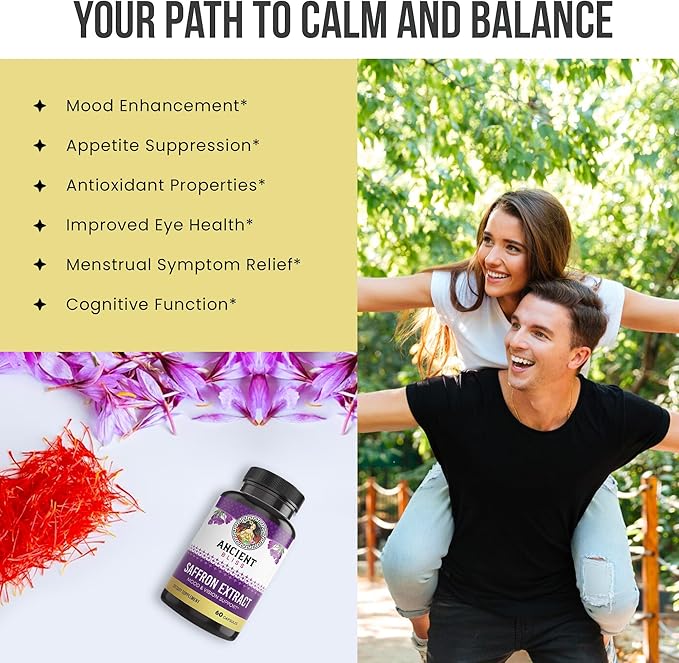 Ancient Bliss Saffron Extract Capsules Mood & Eye Support Supplement, Saffron Extract Appetite Suppressant Weight Management for Women & Men (60 Capsules)