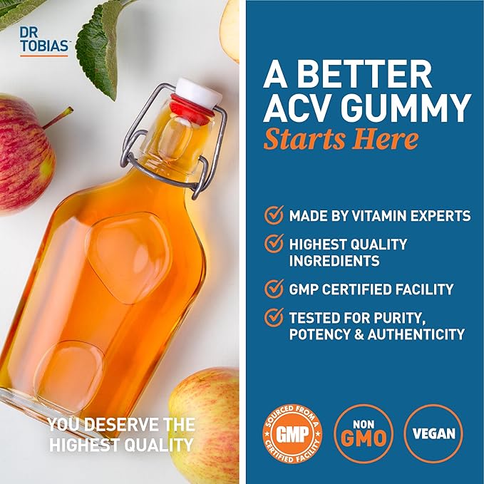 Dr. Tobias Apple Cider Vinegar Gummies, Includes 500 mg Apple Cider Vinegar with Mother, Folate, B12 & Iodine, Supports Gut Health, Cleanse & Detox, Vegan & Gluten-Free, 120 Gummies