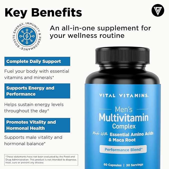Vital Vitamins Men's Multivitamin Complex - Made with Essential Amino Acids & Maca Root - with Vitamin A, C, E, B6, B12, D3 & Male Performance Blend - Daily Mens Multivitamin - 60 Capsules