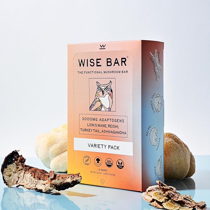 Wise Bar, Adaptogen Mushroom Bar Variety Box 12 Count , 3 Lemon Ginger, 3 Mocha Coconut, 3 Peanut Banana, 3 Cinnamon Turmeric | Functional Mushrooms and Adaptogens Bar | Organic Nutrition Energy Bars, Vegan, Gluten Free