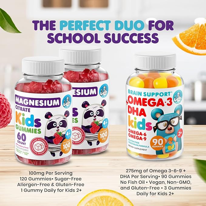 DR. MORITZ Kids Magnesium and Kids Omega 3 Gummies Bundle - Includes Low Sugar Calm Magnesium Gummies for Kids (120 Count, 2 Pack) and Vegetarian Omega 3 Gummies for Kids (90 Count), No Fish Oil