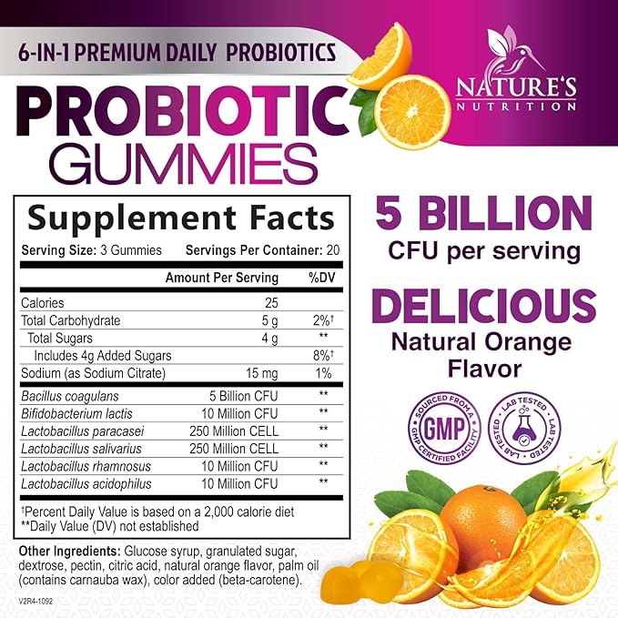 Probiotic Gummies for Digestive Health, Daily Probiotics for Women & Men, 5 Billion CFUs, Nature's Pro Biotics Gummy for Immune Support, Digestive Nutritional Supplements, Orange Flavor - 60 Gummies