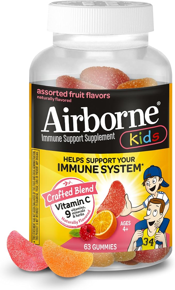 Airborne KIDS 500mg Vitamin C Gummies, Kids Immune Support Zinc Gummies With Powerful Antioxidants Vit C & E - 63 , Assorted Fruit Flavor