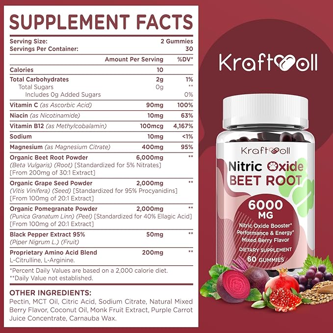 Nitric Oxide Beet Root Gummies 6000MG Supplements, Grapeseed Powder, Pomegranate Powder, Vitamin C and B12 - Beet Chewables Mixed Berry Flavor - 60 Gummies (2 Bottle)