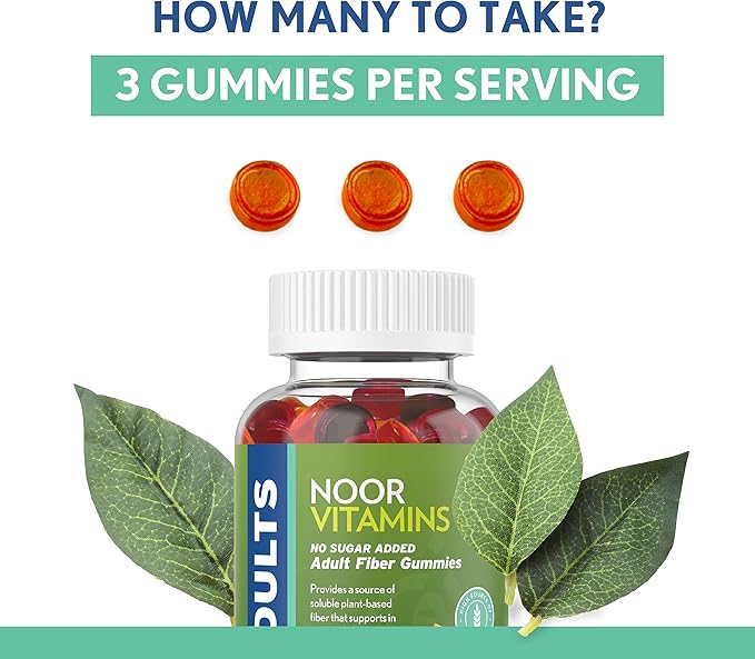 Noor Vitamins Halal Sugar Free Fiber Gummies for Adults with Prebiotic Fiber for Adults; Non-GMO, Vegan Friendly, Gelatin Free, Soluble High Fiber Gummy for Adults, Halal Vitamins - 90 Count