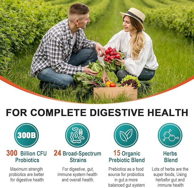 Probiotics for Women & Men - 300 Billion CFU, 24 Strains Probiotic + 15 Organic Herbs Prebiotics Blend, Daily Prebiotics and Probiotics for Digestive Health, Gut, Immune, Bloating - 2 Months Supply