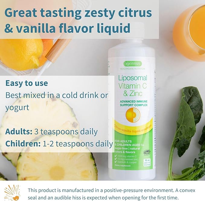 High Absorption Liposomal Vitamin C 1000mg & Zinc Bisglycinate, 30-90 Servings, Liquid Immune Support for Adults & Kids 5+, Non-GMO, Sugar-Free, Citrus & Vanilla Flavor, by Igennus
