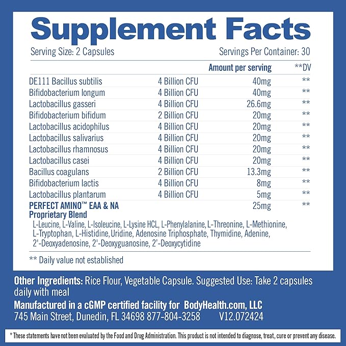 BodyHealth Probiotic Enhanced with PerfectAmino, Digestive Probiotic for Women and Men, Spore Based Probiotic with Bifidobacterium, Lactobacillus Salivarius, Lactobacillus Acidophilus (60 Capsules)