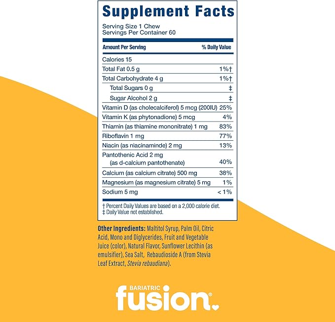 Bariatric Fusion Bariatric Calcium Chews | Calcium Citrate with Vitamin D3 Calcium Supplement Bariatric Vitamin | Sugar Free Calcium Citrate Chewable | Calcium Citrate 500mg | Lemon | 60 Count