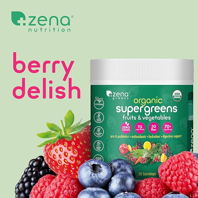 Zena Organic Super Greens Powder, 70+ Superfoods Drink Mix, 0 Sugar, 3G Fiber, Fruits, Veggies, Spirulina, Chlorella, Antioxidants, Pre & Probiotics, Digestive Enzymes, Mixed Berry Flavor, 30 Servings