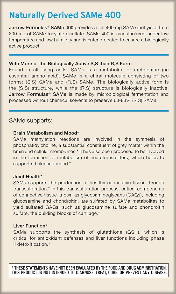 Jarrow Formulas Same 400 mg, Supports Joint Health, Liver Function, Brain Metabolism, 60 Tablets, Up to a 60 Day Supply,Pack of 12