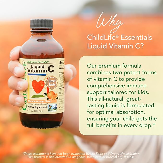 CHILDLIFE ESSENTIALS Liquid Vitamin C - Liposomal Vitamin C Liquid, Pure Vitamin C, Vitamin C for Kids, Liquid Supplement, Immune System Support, Great Taste - Natural Orange, 4 Fl Oz (Pack of 3)