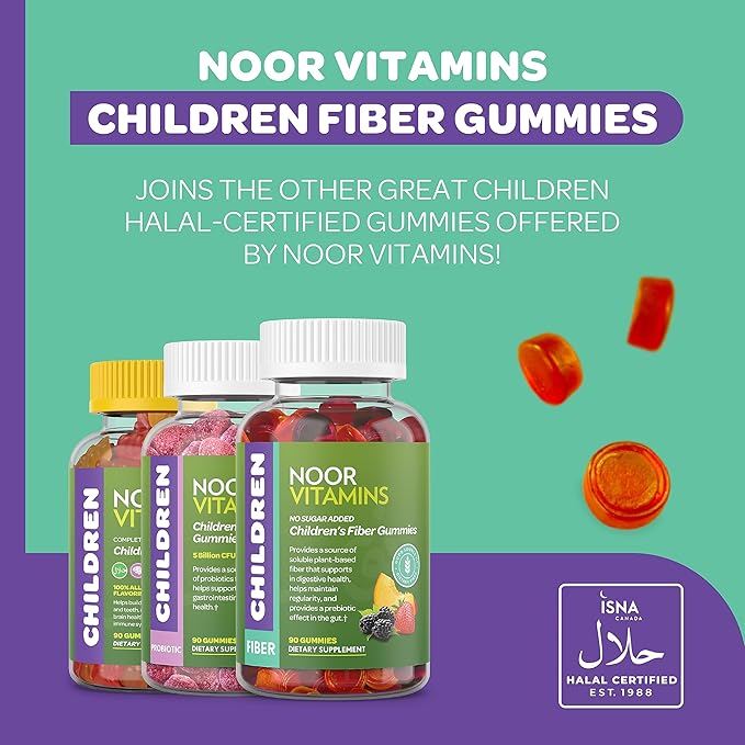 Noor Vitamins Halal Children Fiber Gummy with Prebiotic Plant Based Fiber; Sugar Free, Non-GMO, Gluten Free, Vegan Friendly Gelatin Free Halal Vitamins - 90 Count
