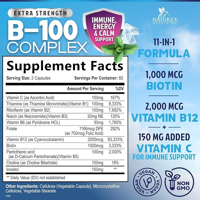 Vitamin B Complex Capsules with Vitamins B1 B2 B3 B6 B12 B100 C Biotin Folate & Folic Acid - Supplement for Energy, Brain, & Immune Support - Super B Vitamin Complex for Women & Men - 120 Vegan Pills