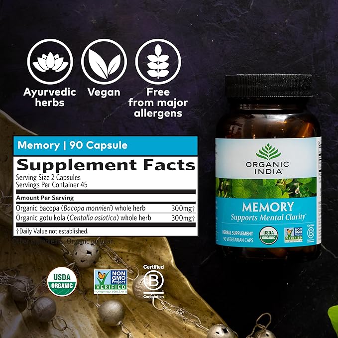 ORGANIC INDIA Memory Herbal Supplement - Brain Supplement for Memory and Focus, Bacopa Monnieri & Gotu Kola Brain Herbal Supplement, Memory Support - USDA Certified Organic, Non-GMO - 90 Capsules