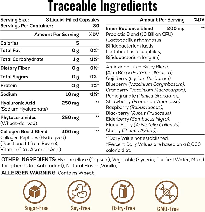 19-IN-1 Hyaluronic Acid Capsules - Hylunaric Acid 1200 mg, with Collagen Peptides, Vitamin C, Phytoceramides - Hyaluronic Acid Supplement for Skin, Eyes, Bones, Gastrointestinal (1 Pack)