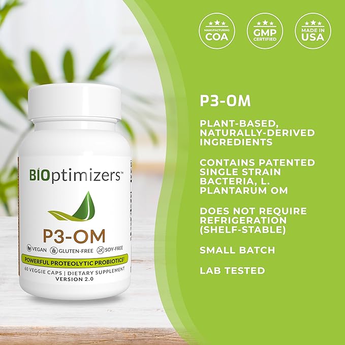 BiOptimizers P3-OM Proteolytic Prebiotics & Probiotics Supplement – Lactobacillus Plantarum for Digestive & Immune Health – Bloating & Gut Relief Support for Men & Women (60 Vegan Capsules)