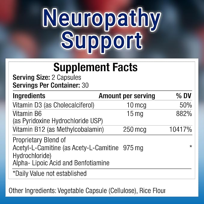 Neuropathy Support Neuro and Nerve Health Supplement with Vitamin D3, B6, B12, Acetyl-L-Carnitine, Alpha-Lipoic Acid, and Benfotiamine Supports Feet Nerve Function 60 Vegetable Capsules