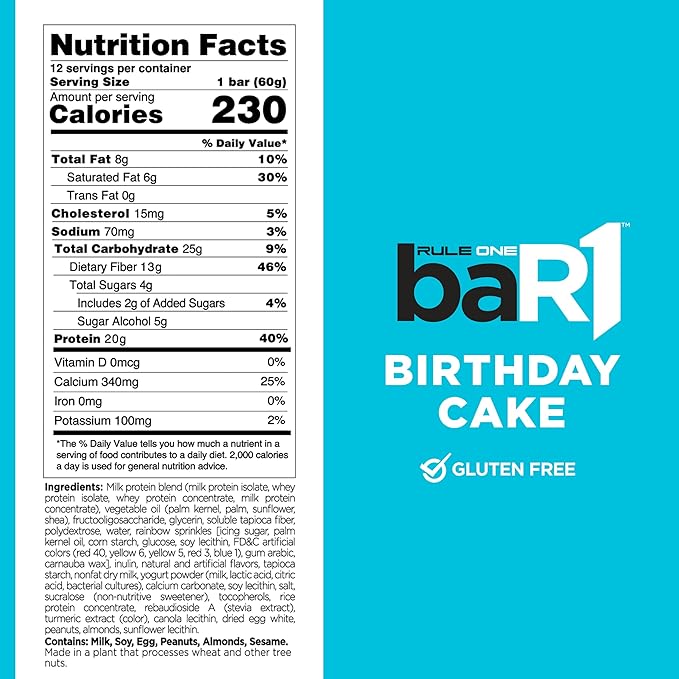 Rule 1 baR1 Crunch Bar - On-The-Go Convenient Protein Snack Bars with 20g Premium Protein, Naturally-Packed with EAAs/BCAAs, Hunger-Filling Fiber (12 Count Box, Birthday Cake)