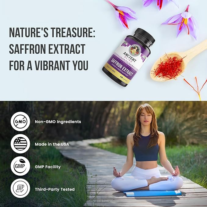 Ancient Bliss Saffron Extract Capsules Mood & Eye Support Supplement, Saffron Extract Appetite Suppressant Weight Management for Women & Men (60 Capsules)
