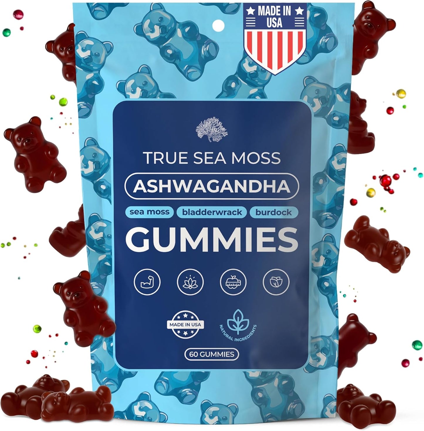 Sea Moss Ashwagandha Gummies for Women & Men - Vegan Herbal Blend with Sea Moss, Bladderwrack & Burdock, 60 Gummies in Pouch (30-Day Supply)