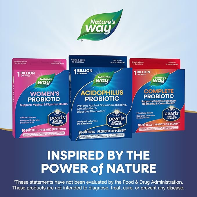Nature's Way Acidophilus Probiotic Pearls, Supports Digestive Balance and Gut Health*, Protects Against Occasional Constipation and Bloating*, 1 Billion Live Cultures, 90 Softgels (Packaging May Vary)