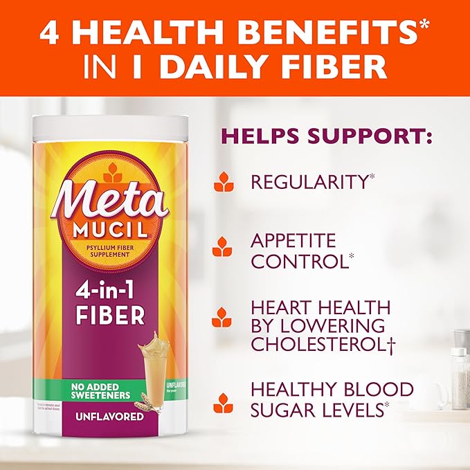 Metamucil, Unflavored Psyllium Husk Powder Fiber Supplement, Plain wih No Added Sweeteners, 4-in-1 Psyllium Husk Fiber Powder for Digestive Health, #1 Doctor Recommended Fiber Brand, 114 teaspoons