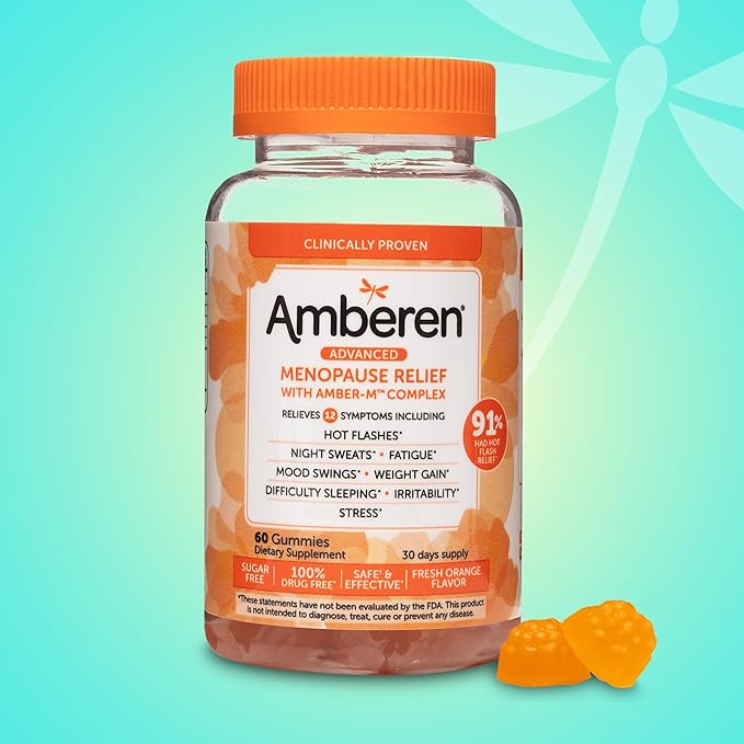 Amberen Menopause Supplements for Women, Multi-Symptom Relief, Vitamin E & Unique Amberen Compound, Helps Support Hormone Balance, Hot Flashes & Night Sweats, Sugar Free, Orange Flavor, 60 Gummies