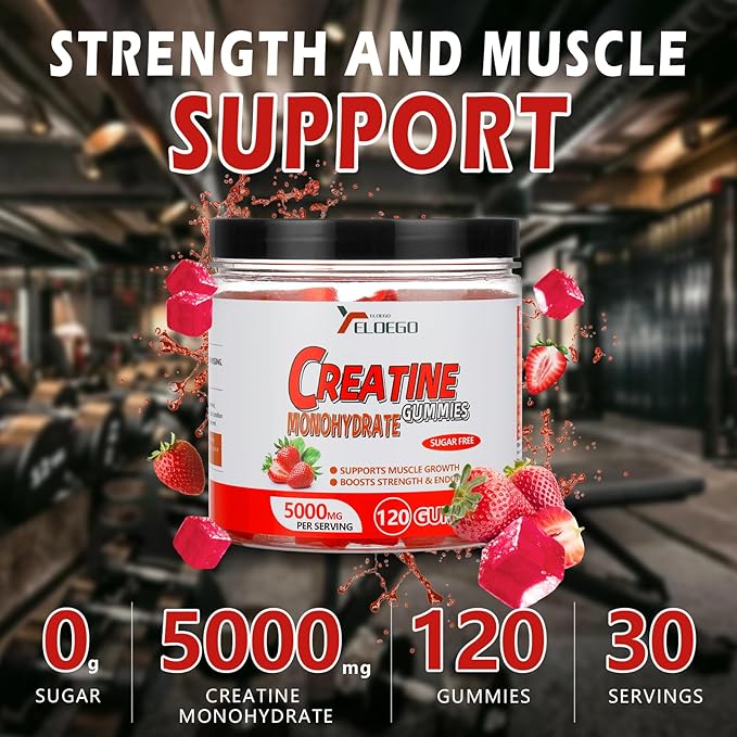 Creatine Monohydrate Gummies 5000mg Sugar Free for Men & Women, with L-Taurine + Vitamin B12 for Muscle Strength, Muscle Builder, Energy Boost, Pre-Workout Supplement, Strawberry, 120 Count