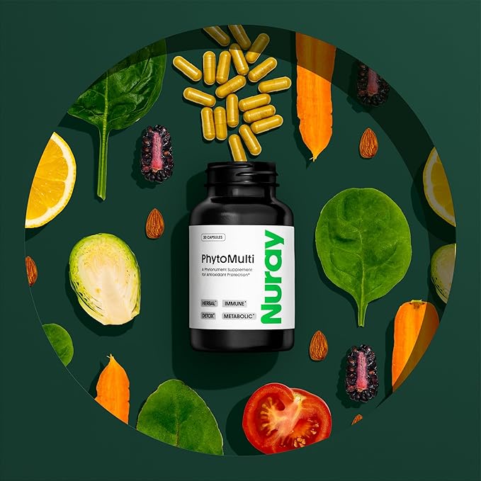Nuray PhytoActive Dietary Supplement with Broccoli Sprout Powder, Herbal Extracts for Immune, Metabolic, and Detox, GN-PhytoActive-luten-Free, 30 Vegetarian Multivitamin Capsules