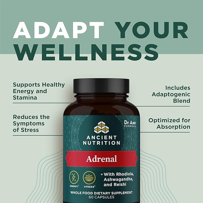 Adrenal Support with Ashwagandha Supplement by Ancient Nutrition, Helps Reduce Stress & Fatigue, Paleo and Keto Friendly, Gluten Free, 1300mg, 60 Capsules