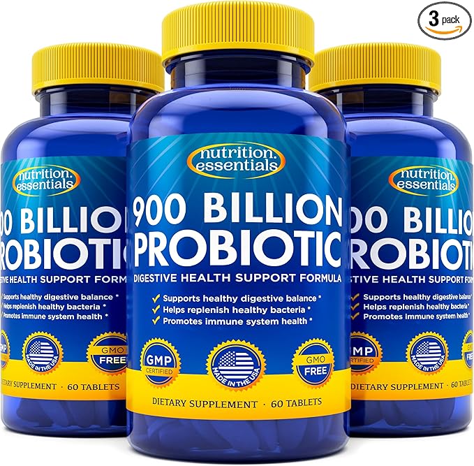 Probiotics for Women and Men - with Natural Lactase Enzyme & Prebiotic Fiber for Digestive Health - 80%+ Stronger Supplement for Gut Health Support - Vegan Raw Probiotic Formula, 3 Count of 60 Tablets