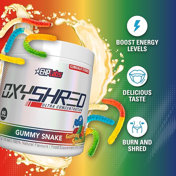 EHP Labs OxyShred Pre Workout Powder - Preworkout Powder with L Glutamine & Acetyl L Carnitine, Energy Boost Drink - Gummy Snake, 60 Servings