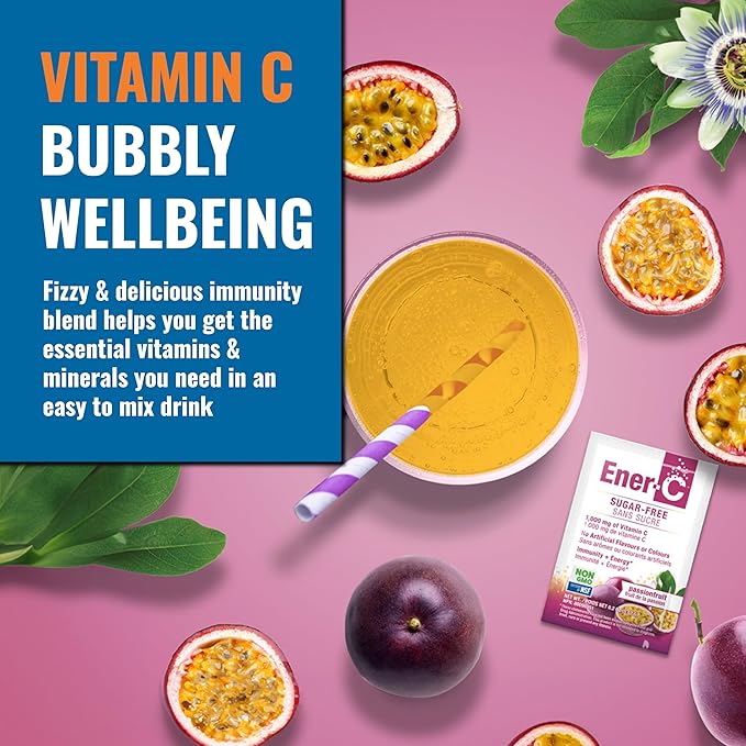 Ener-C Sugar Free Energy Passion Fruit Multivitamin Drink Mix Vitamin C 1000mg & Electrolytes - Natural Immunity Support with Real Fruit Juice Powders - Non-GMO Vegan & Gluten Free - 30 Count