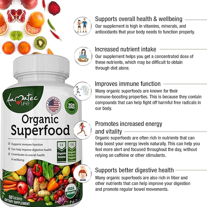 Organic Superfood Greens Fruits and Veggies Complex - Best Dietary Supplement with 14 Greens and 14 Fruits & Vegetables with Alfalfa Rich in Antioxidants Organic Ingredients Non-GMO 240 Tablets