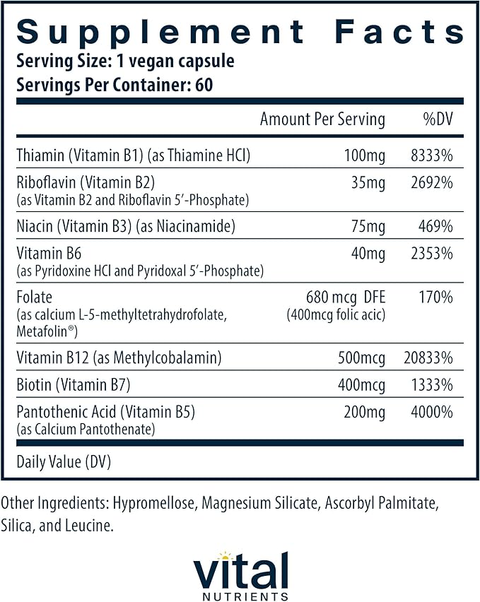 Vital Nutrients Vitamin B-Complex | Vegan High-Potency Methylated B Complex Vitamins | B Vitamins Support Energy Production, Metabolism, and Heart Health* | Gluten, Dairy, Soy Free | 60 Capsules