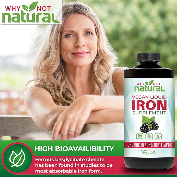 Why Not Natural Liquid Iron Supplement for Women, Men and Kids, Vegan Formulation for Anemia, Sugar Free, Vegan, Non-GMO, Gluten Free, Organic BlackBerry Flavor 16 Fl Oz