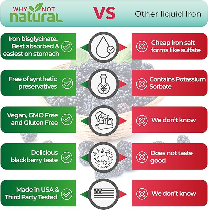 Why Not Natural Liquid Iron Supplement for Women, Men and Kids, Vegan Formulation for Anemia, Sugar Free, Vegan, Non-GMO, Gluten Free, Organic BlackBerry Flavor 16 Fl Oz