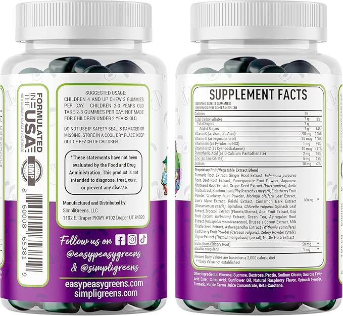 EasyPeasyGreens Daily Veggie Gummies for Kids - 90 Greens Gummies - Helps Picky Eaters Get Their Veggies in - Made with 10 Real Vegetable Extracts and 100% Vegan