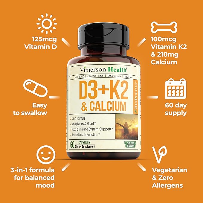 Vitamin D3, K2 Calcium Supplement with BioPerine for Immune & Bone Health - Vitamin D 5000 IU + Vitamin K2 as MK7 + Calcium. 4 in 1 Support: Strong Bones & Teeth Plus Joint & Heart Health. 60 Capsules