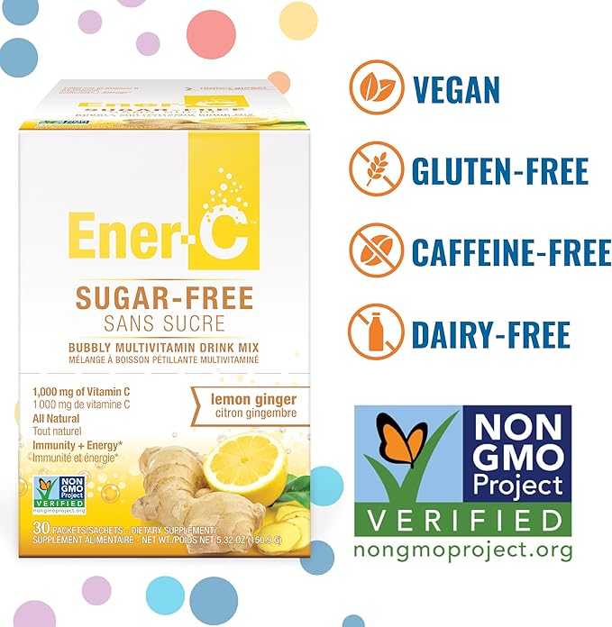 Ener-C Sugar Free Lemon Ginger Multivitamin Drink Mix, 1000mg Vitamin C, Non-GMO, Vegan, Real Fruit Juice Powders, Natural Immunity Support, Electrolytes, Gluten Free, 1-Pack of 30