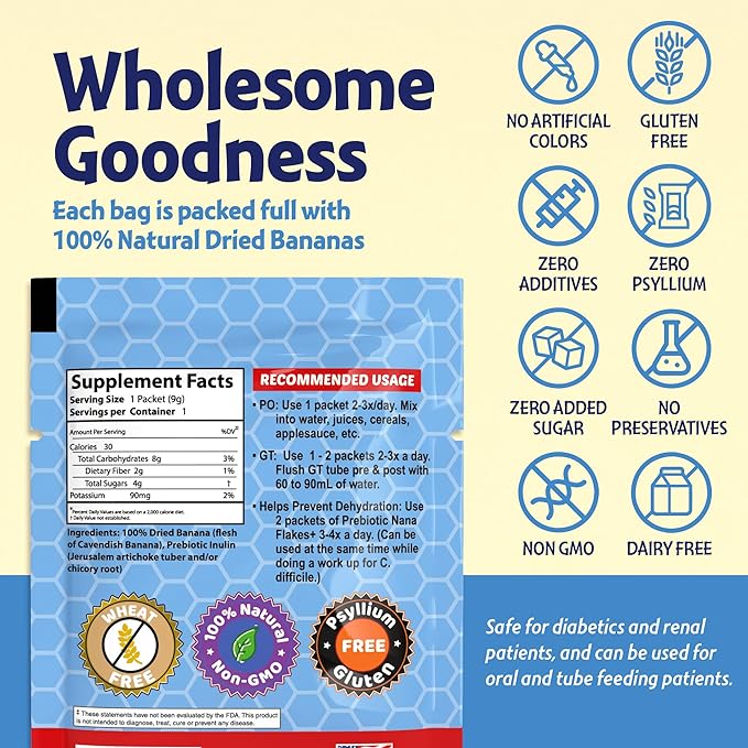 Nutritional Designs, Prebiotic Nana Flakes with Inulin, 100% Pure Banana Flakes, Gut Health, High Protein & Fiber, Natural Diarrhea Remedy, IBS Relief, for Adults & Kids 4+ (25 Single-Serve Packs)